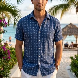 Polo Ralph Lauren Button Down Mens XL Blue 100% Linen Crest Logo Print SS